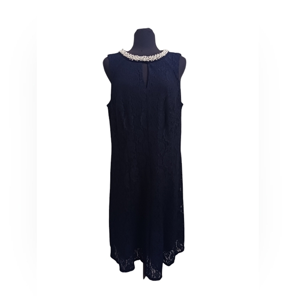 Navy Blue Sleeveless Midi Dress with Pearl Collar Size 16W - Picture 2 of 5